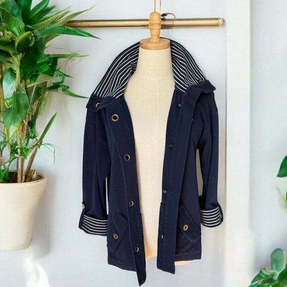 Jones NY Nautical Yachting Cotton Stretch Navy Blue Stipe Knit Shacket Jacket - Picture 3 of 9